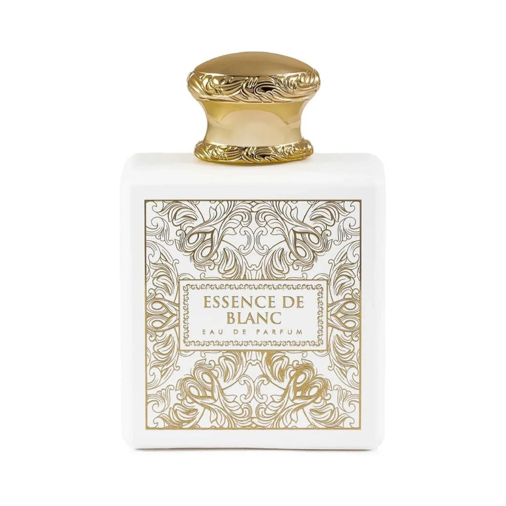 Refect Beauty French Avenue Essence De Blanc unisex perfume in a white bottle with ornate gold filigree and gold cap.