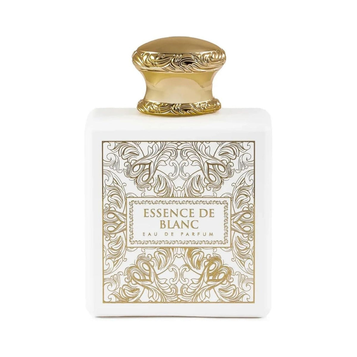 Refect Beauty French Avenue Essence De Blanc unisex perfume in a white bottle with ornate gold filigree and gold cap.
