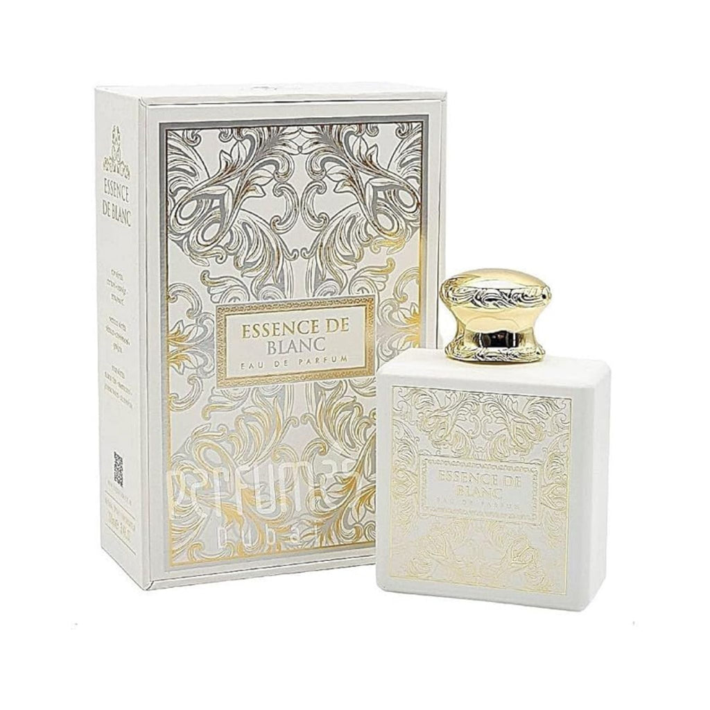 Refect Beauty French Avenue Essence De Blanc unisex perfume bottle and box with white and gold ornate detailing.
