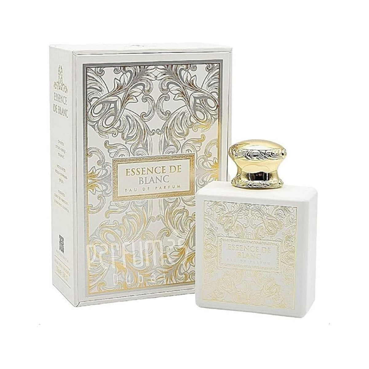 Refect Beauty French Avenue Essence De Blanc unisex perfume bottle and box with white and gold ornate detailing.