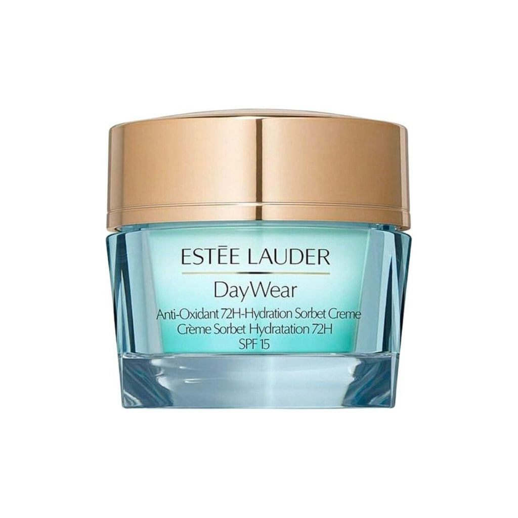Refect Beauty Estée Lauder DayWear 72H-Hydration Sorbet Crème with SPF 15 in a glass jar with a gold lid.