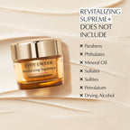 Refect Beauty Estée Lauder Revitalizing Supreme+ Youth Power Creme jar on a creamy textured background with ingredient list