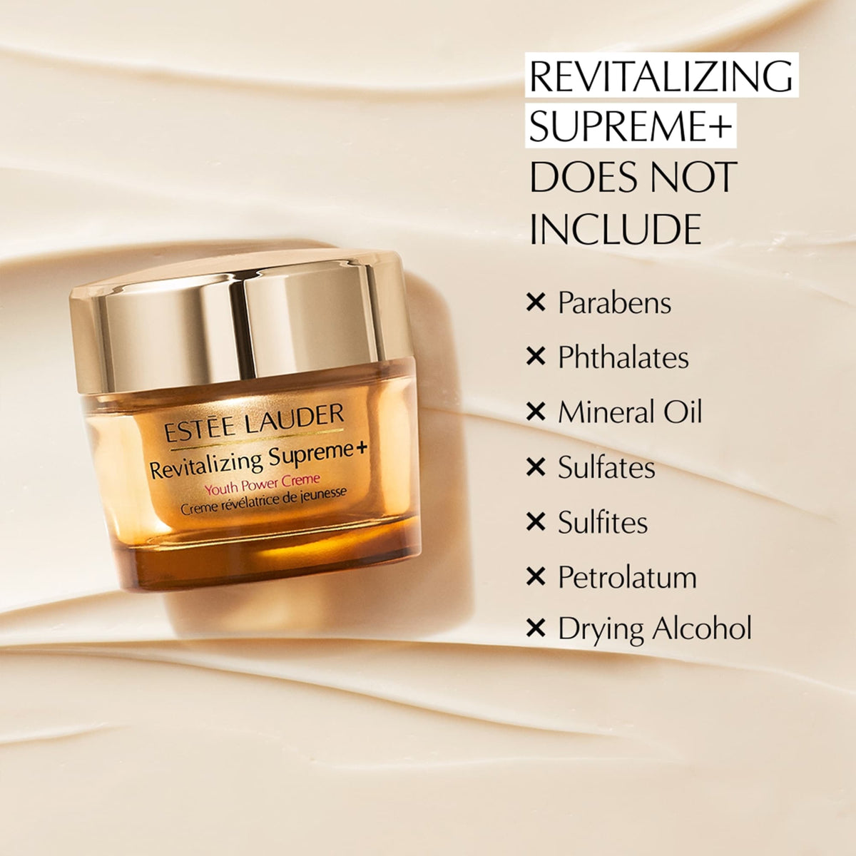 Refect Beauty Estée Lauder Revitalizing Supreme+ Youth Power Creme jar on a creamy textured background with ingredient list