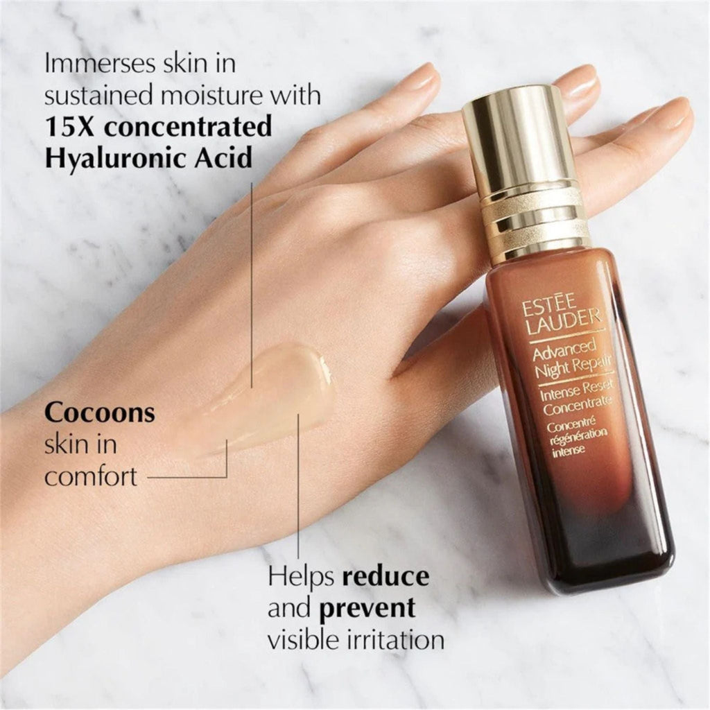 Refect Beauty Estée Lauder Advanced Night Repair Intense Reset Concentrate serum applied on a hand with text overlays.