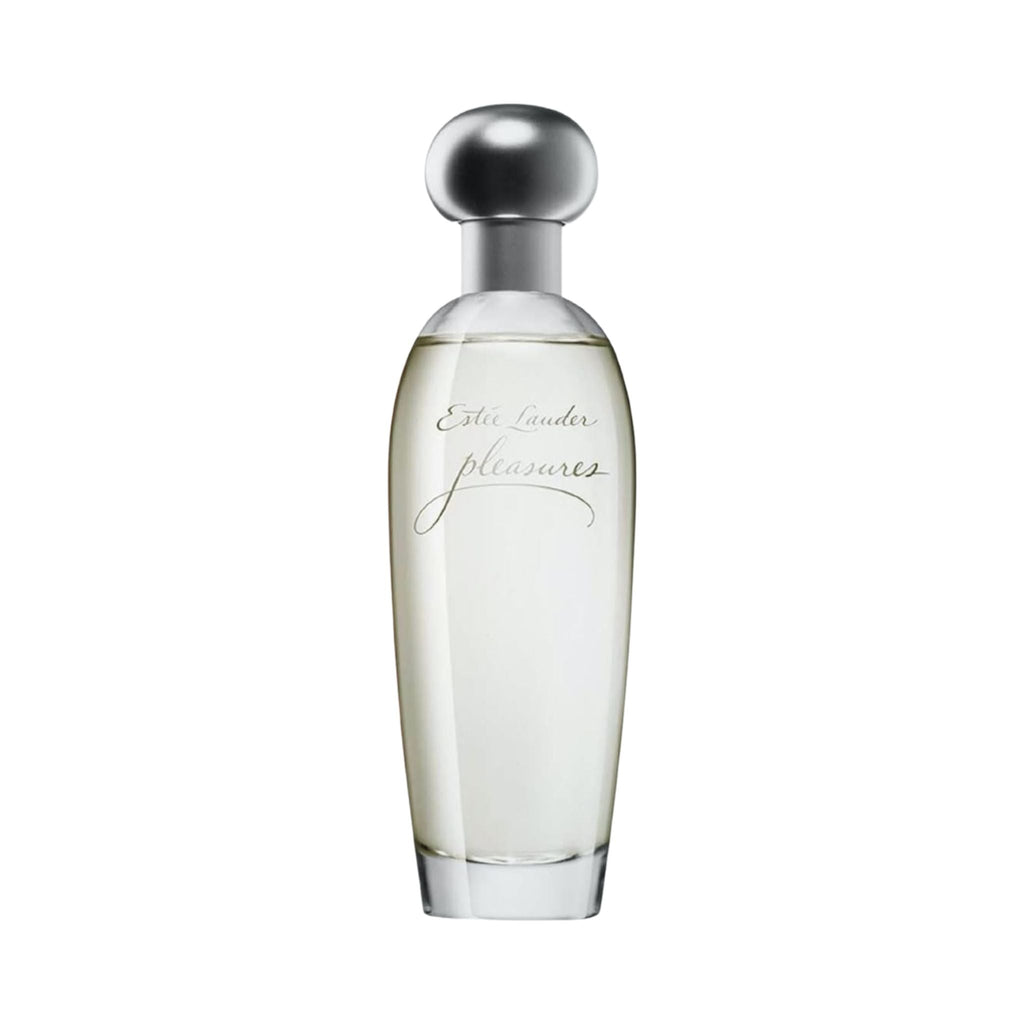 Refect Beauty Estée Lauder Pleasures Eau de Parfum in a clear glass bottle with a rounded silver cap.