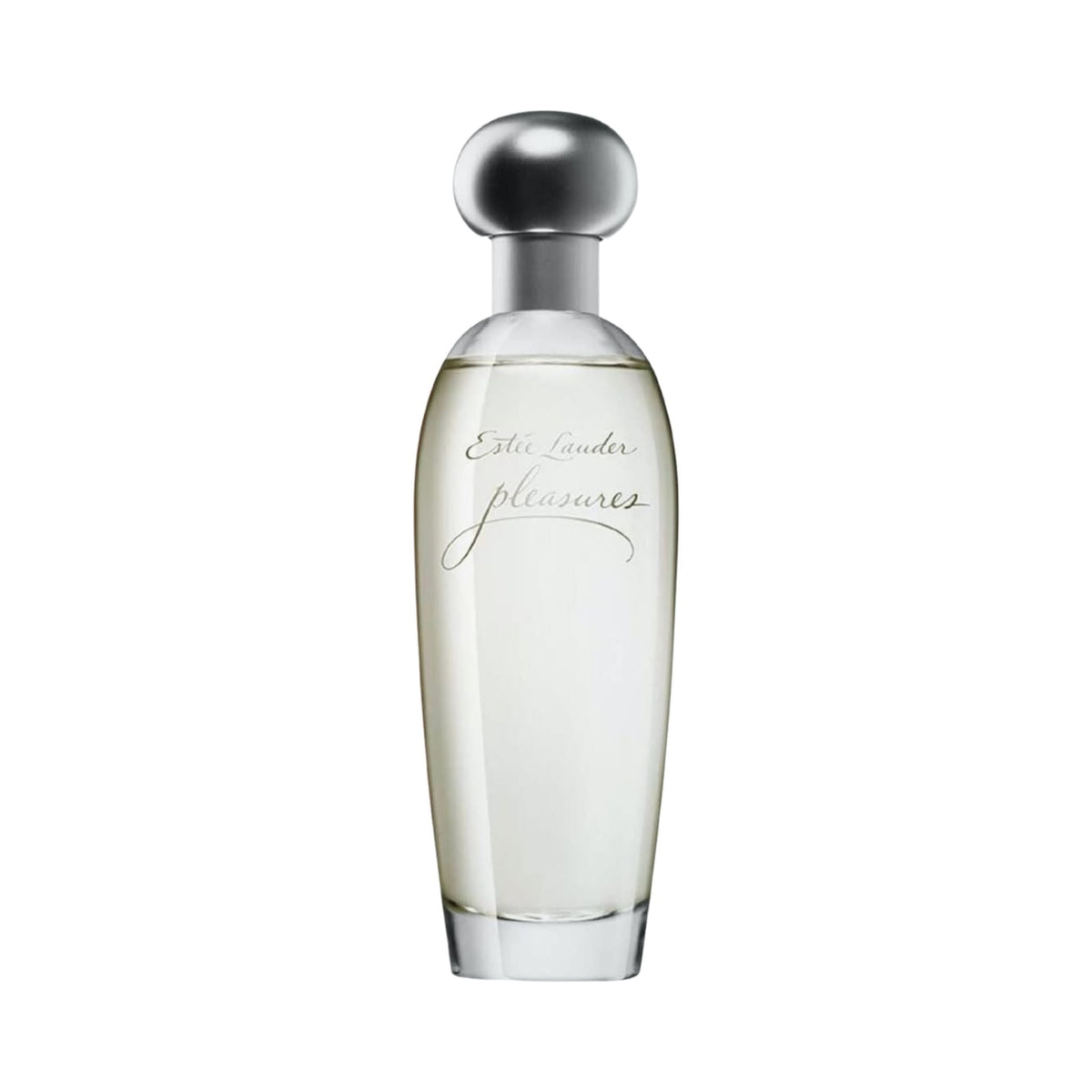 Refect Beauty Estée Lauder Pleasures Eau de Parfum in a clear glass bottle with a rounded silver cap.
