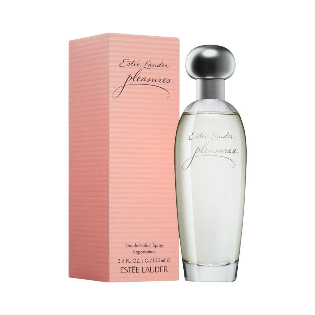 Refect Beauty Estée Lauder Pleasures Eau de Parfum bottle and pink textured box, a fresh floral fragrance for women.