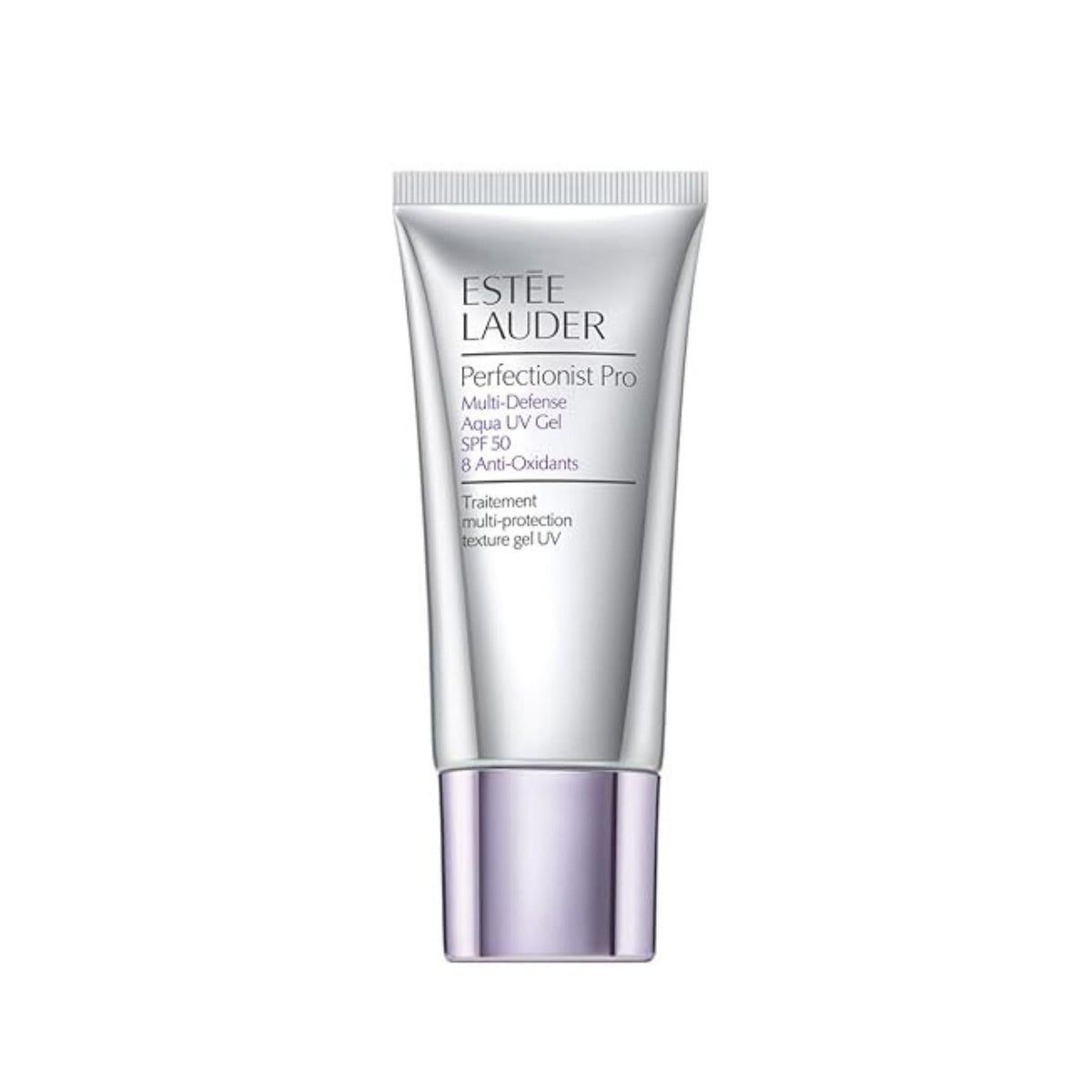Refect Beauty Estée Lauder Perfectionist Pro Multi-Defense Aqua UV Gel SPF 50 in a silver squeeze tube.