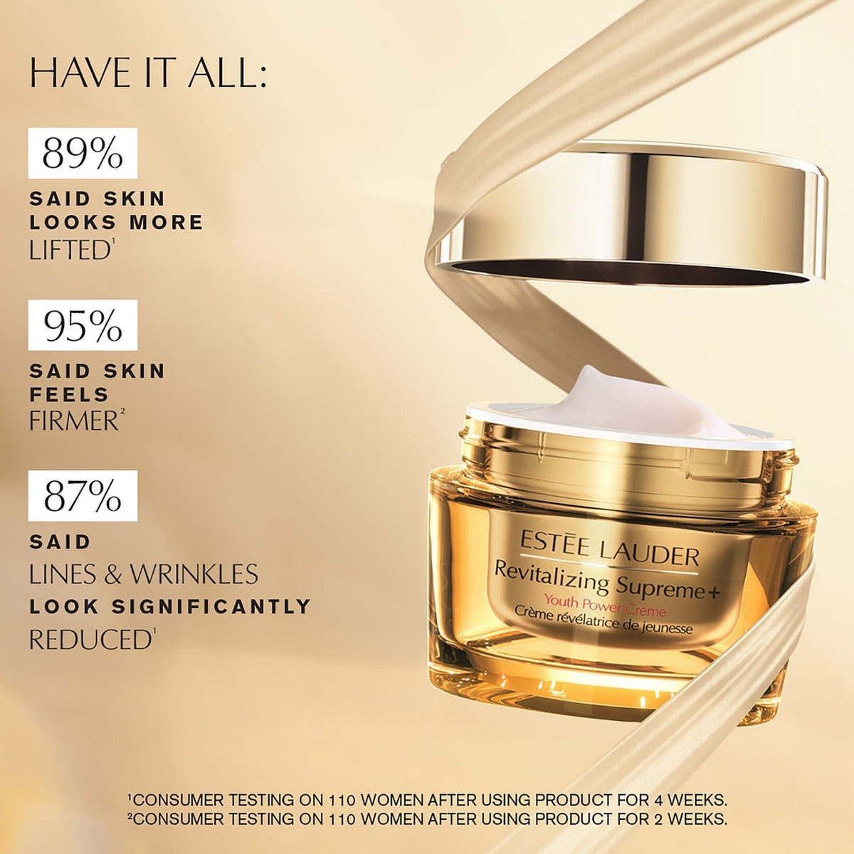 Refect Beauty Estée Lauder Revitalizing Supreme+ Youth Power Creme in a gold jar with a swirling cream texture