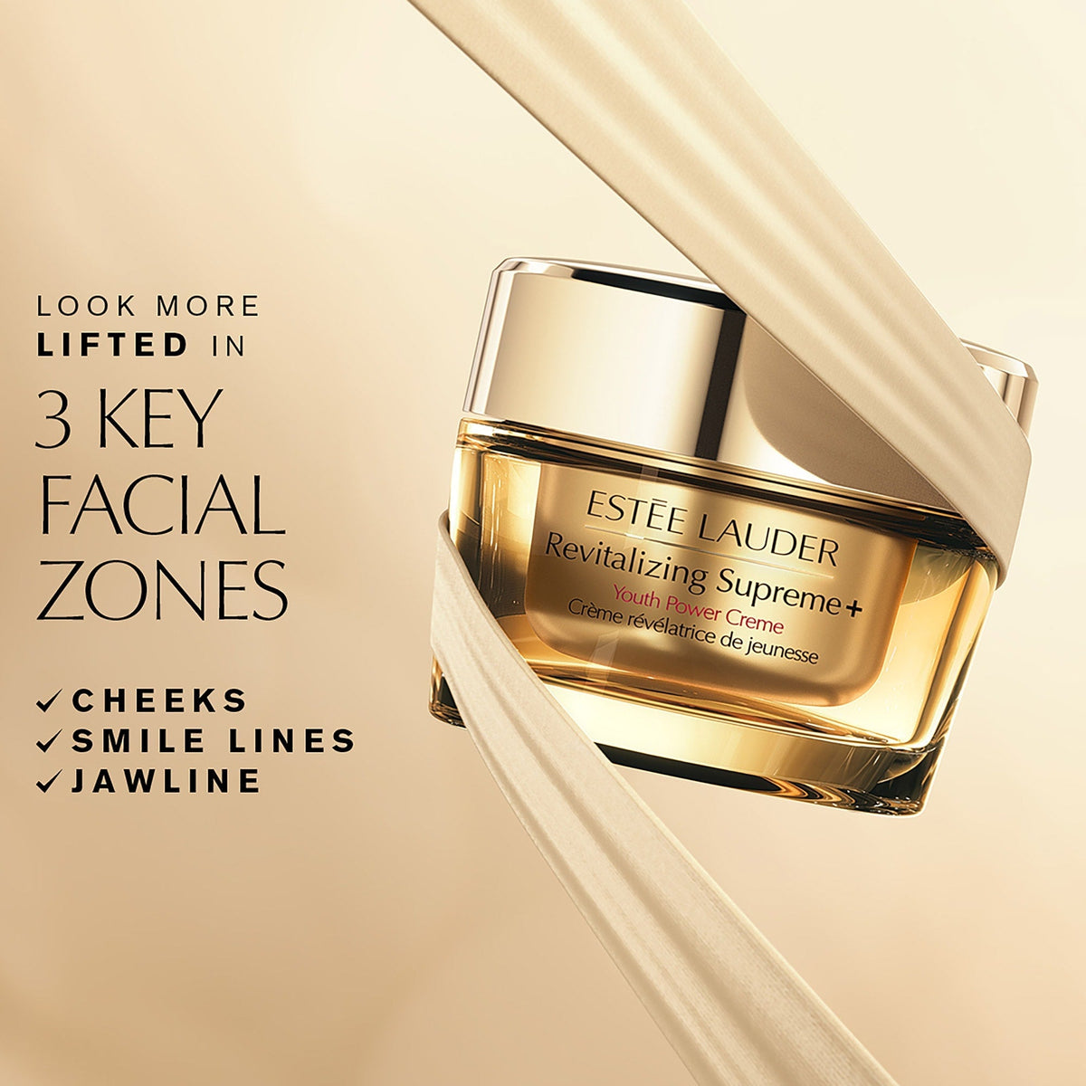 Refect Beauty Estée Lauder Revitalizing Supreme+ Youth Power Creme in a gold glass jar with elegant ribbon accents.
