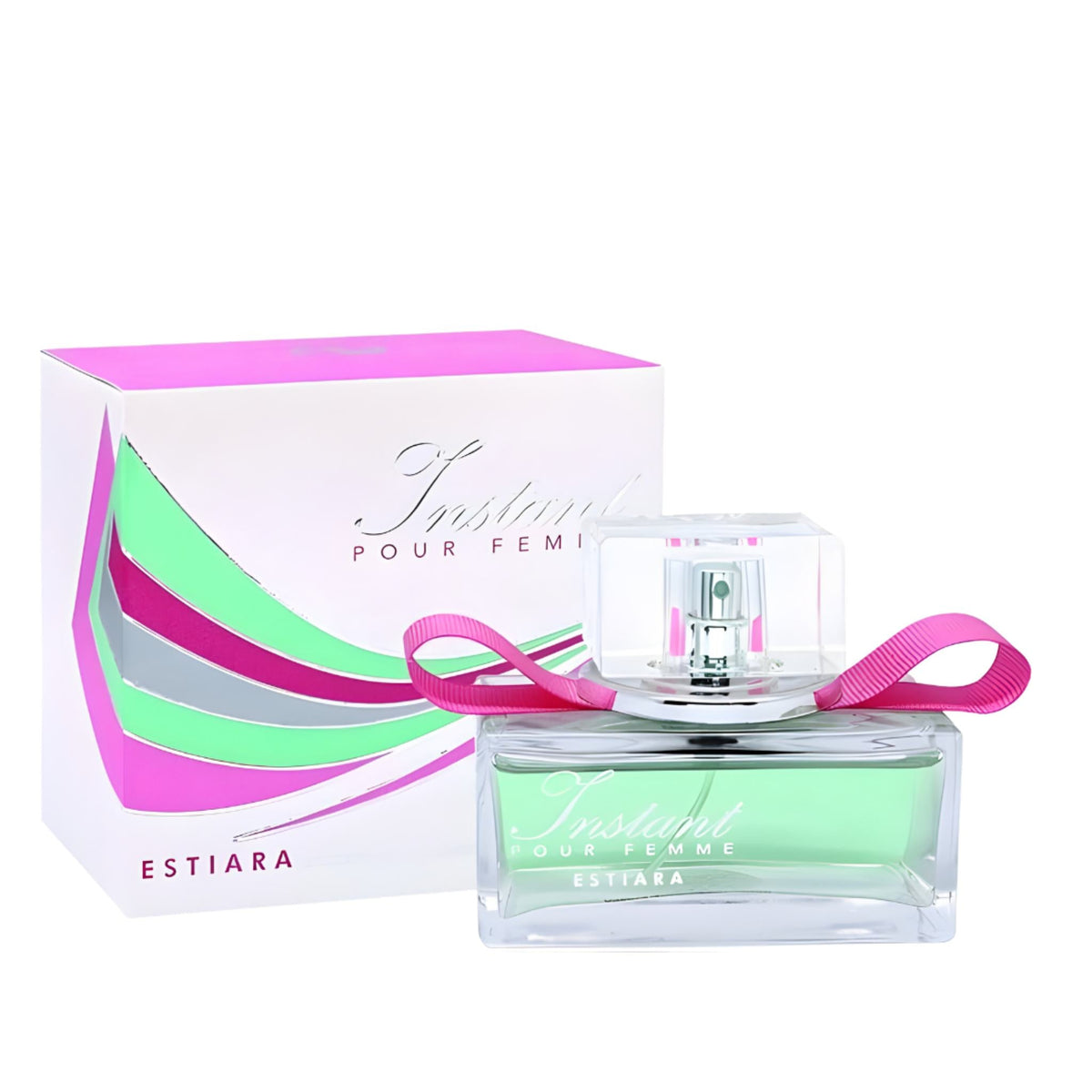 Refect Beauty Estiara Instant Pour Femme eau de parfum bottle with pink ribbon and matching floral fruity perfume box