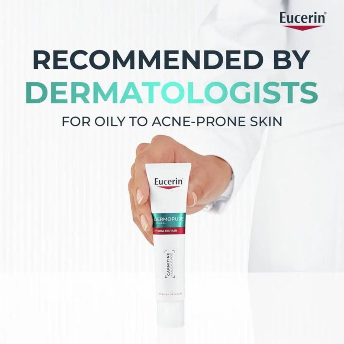 Refect Beauty Eucerin DermoPure Clinical Hydra Repair moisturizer tube held by a hand against a clinical background