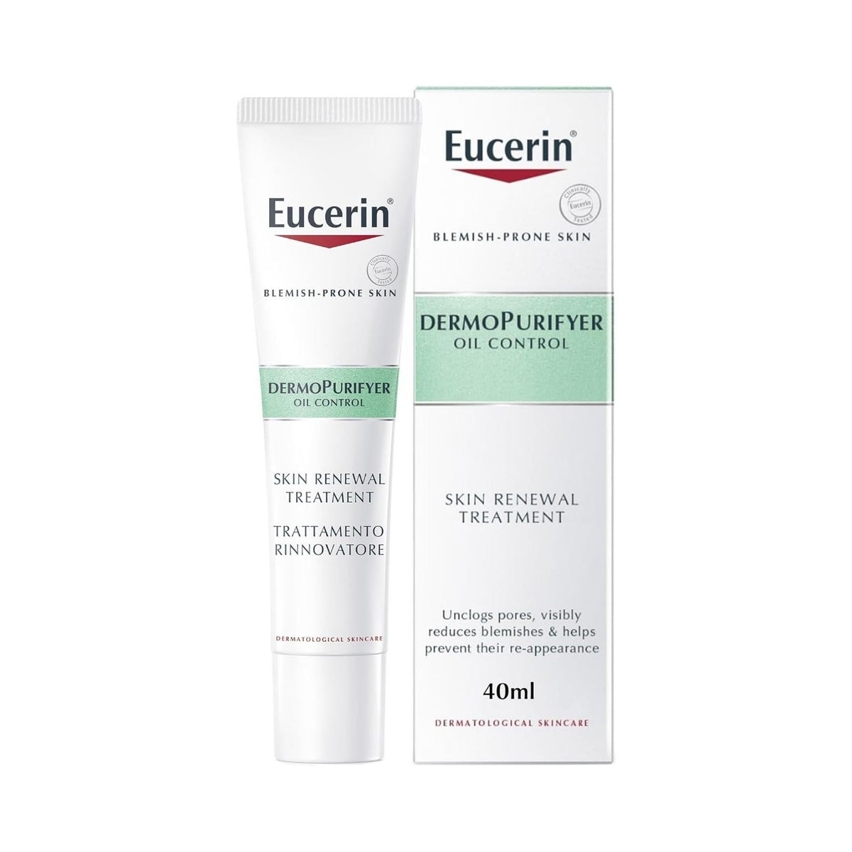 Refect Beauty Eucerin DermoPurifyer Oil Control Skin Renewal Treatment serum tube and box for blemish-prone skin