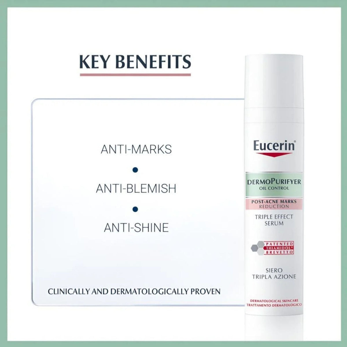 Refect Beauty Eucerin Dermopurifyer Triple Effect Serum bottle with key benefits listed for acne-prone skin