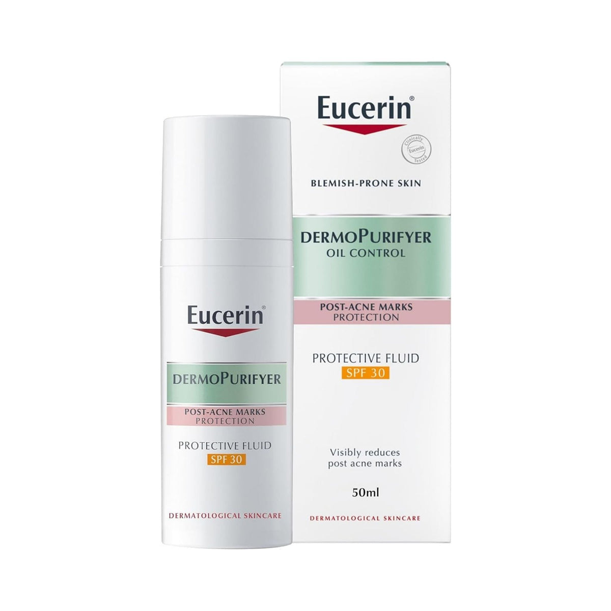 Refect Beauty Eucerin DermoPurifyer Oil Control Protective Fluid SPF 30 for acne-prone skin in a 50ml bottle and box.