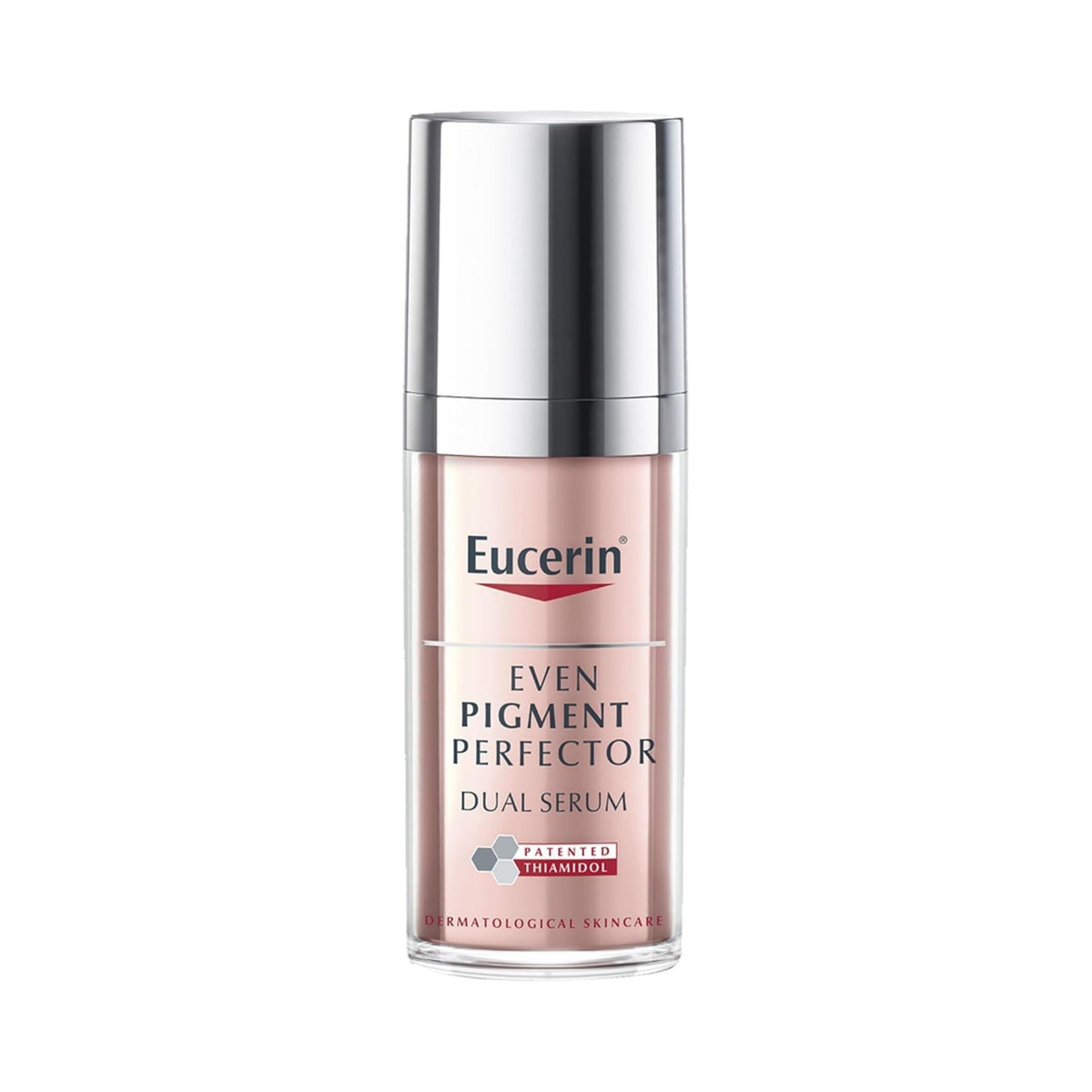 Refect Beauty Eucerin Even Pigment Perfector Dual Serum bottle with silver cap for reducing dark spots.