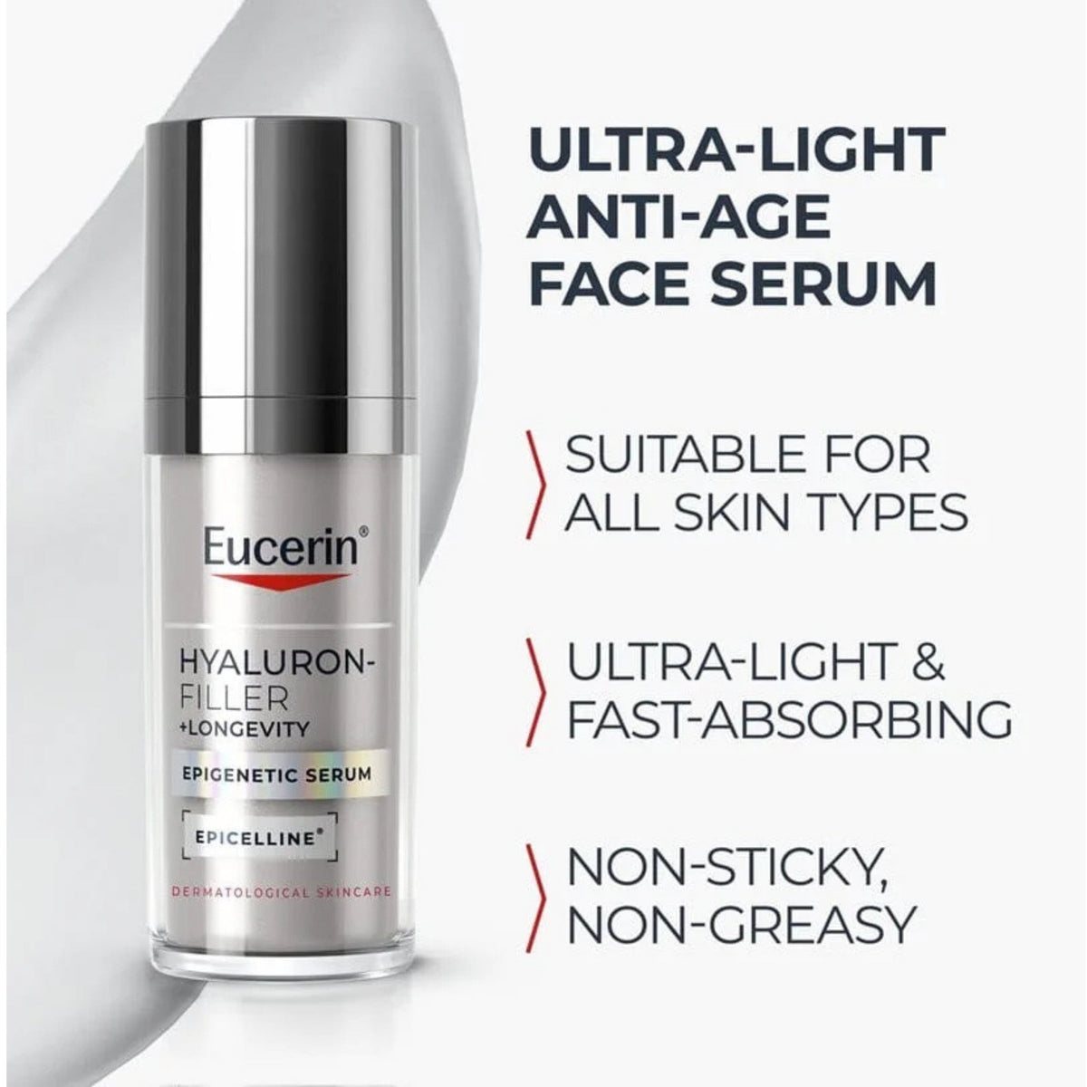 Refect Beauty Eucerin Hyaluron-Filler + Longevity Epigenetic Serum bottle with text highlighting anti-aging benefits.