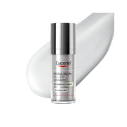 Refect Beauty Eucerin Hyaluron-Filler + Longevity Epigenetic Serum bottle with a smooth white cream texture behind it.
