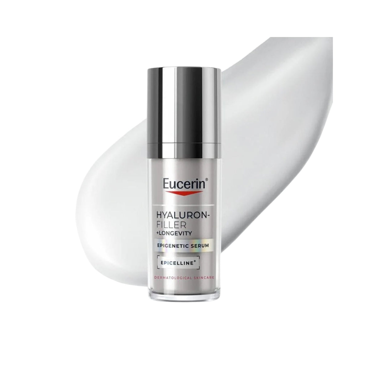 Refect Beauty Eucerin Hyaluron-Filler + Longevity Epigenetic Serum bottle with a smooth white cream texture behind it.