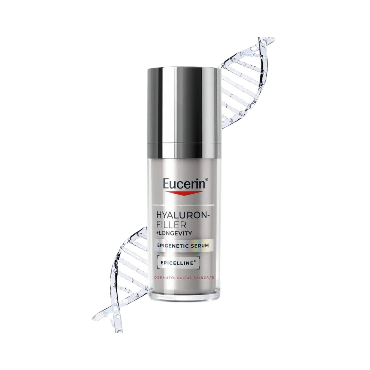 Refect Beauty Eucerin Hyaluron-Filler + Longevity Epigenetic Serum bottle with a DNA helix graphic background