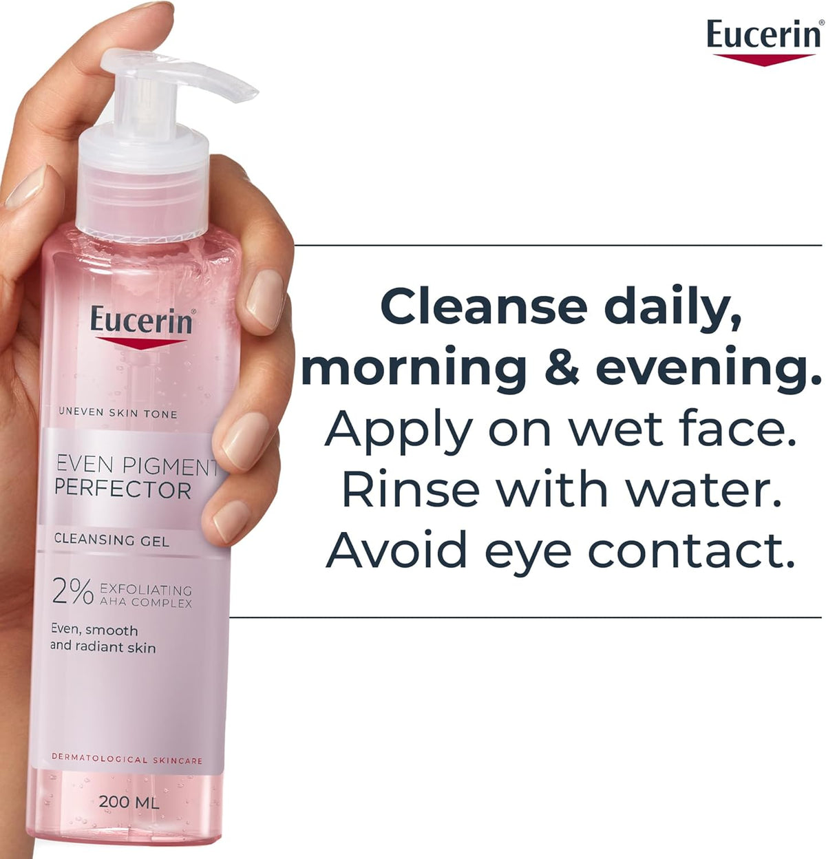 Refect Beauty Eucerin Even Pigment Perfector exfoliating cleansing gel in a clear pump bottle for radiant skin