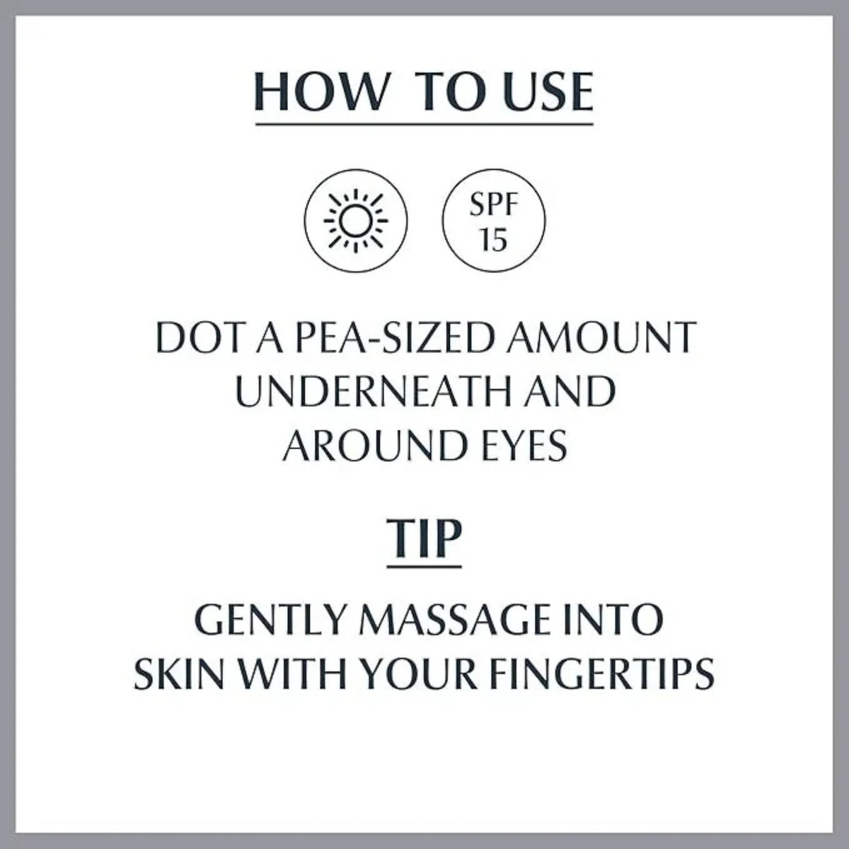 Refect Beauty Eucerin Hyaluron-Filler eye cream application instructions with SPF 15 icon and usage tips