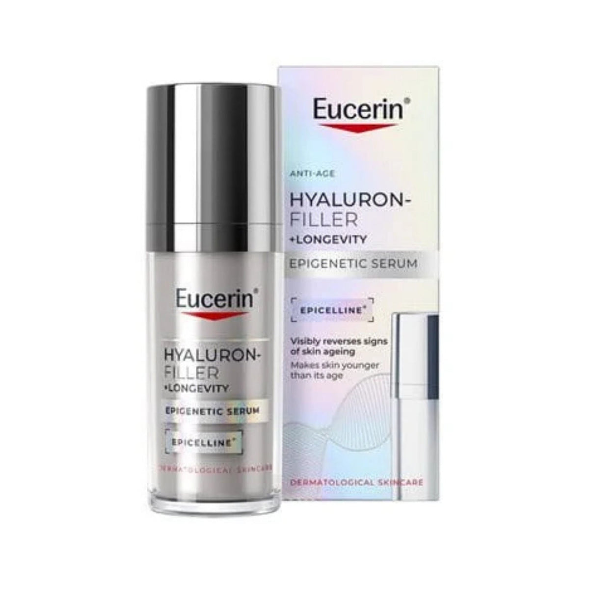 Refect Beauty Eucerin Hyaluron-Filler + Longevity Epigenetic Serum bottle and packaging box for anti-aging skincare.