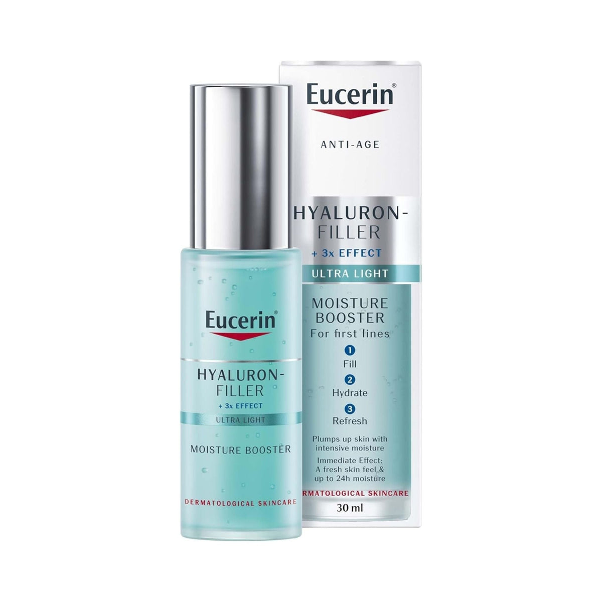 Refect Beauty Eucerin Hyaluron Filler Moisture Booster gel bottle and packaging box for hydrated, smooth skin.