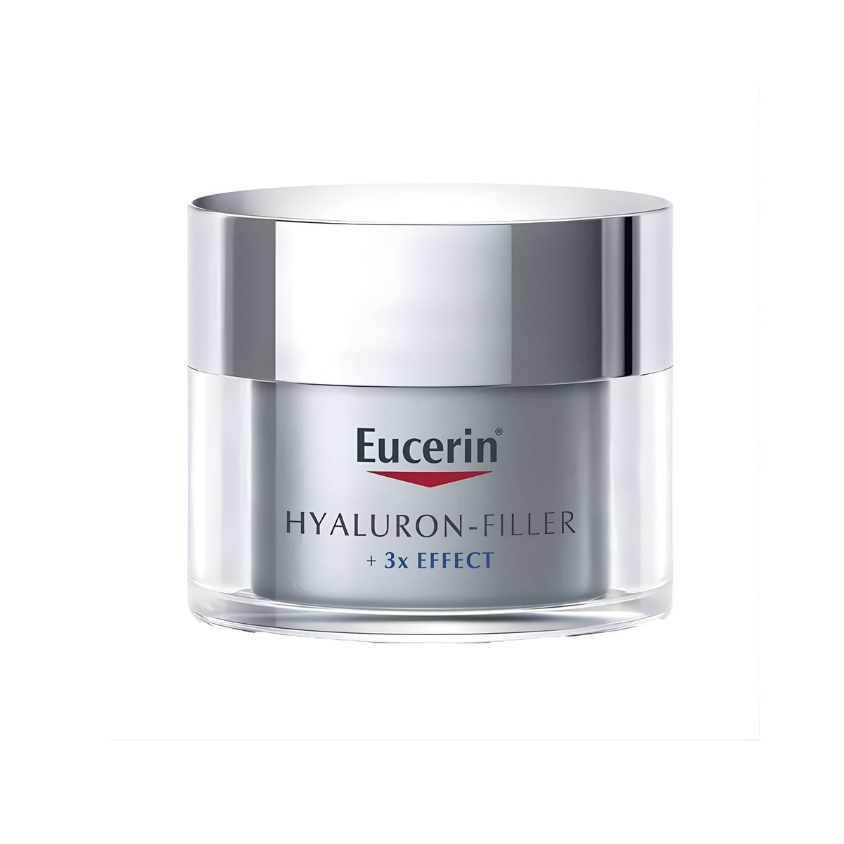 Refect Beauty Eucerin Hyaluron-Filler +3x Effect Night Cream in a silver and clear jar for anti-aging skin care.