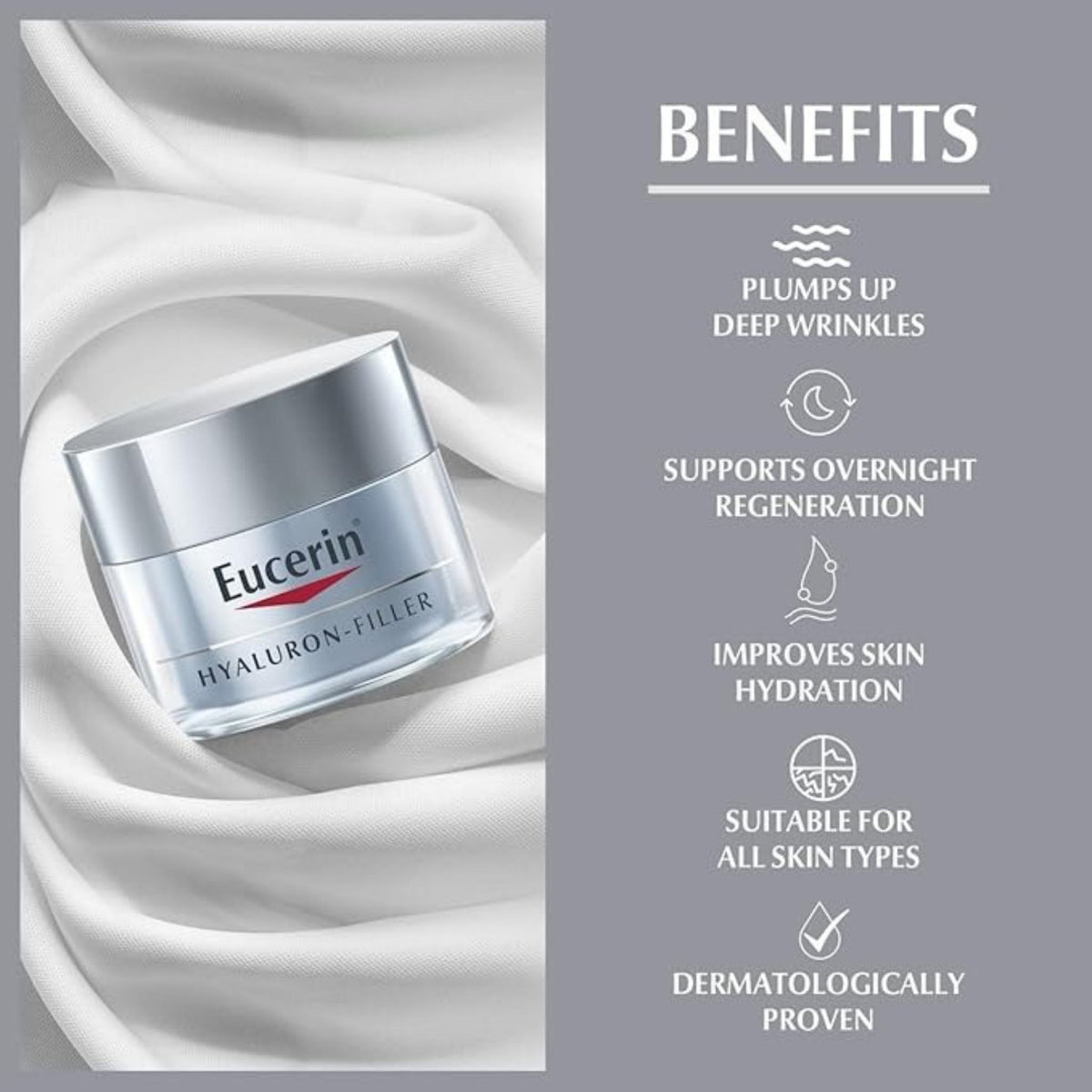 Refect Beauty Eucerin Hyaluron Filler night cream jar on white fabric with a list of anti-aging skin benefits