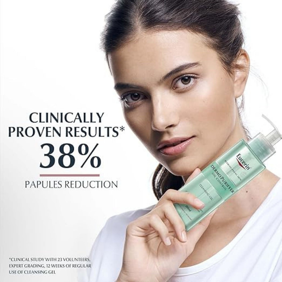 Refect Beauty Eucerin Dermo Purifyer Oil Control Gel Cleanser held by a woman with clear skin