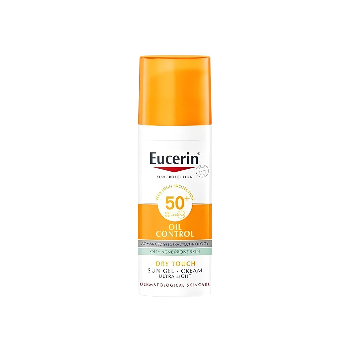 Refect Beauty Eucerin Sun Gel-Cream Oil Control SPF 50+ for oily and acne-prone skin in a white and orange bottle.