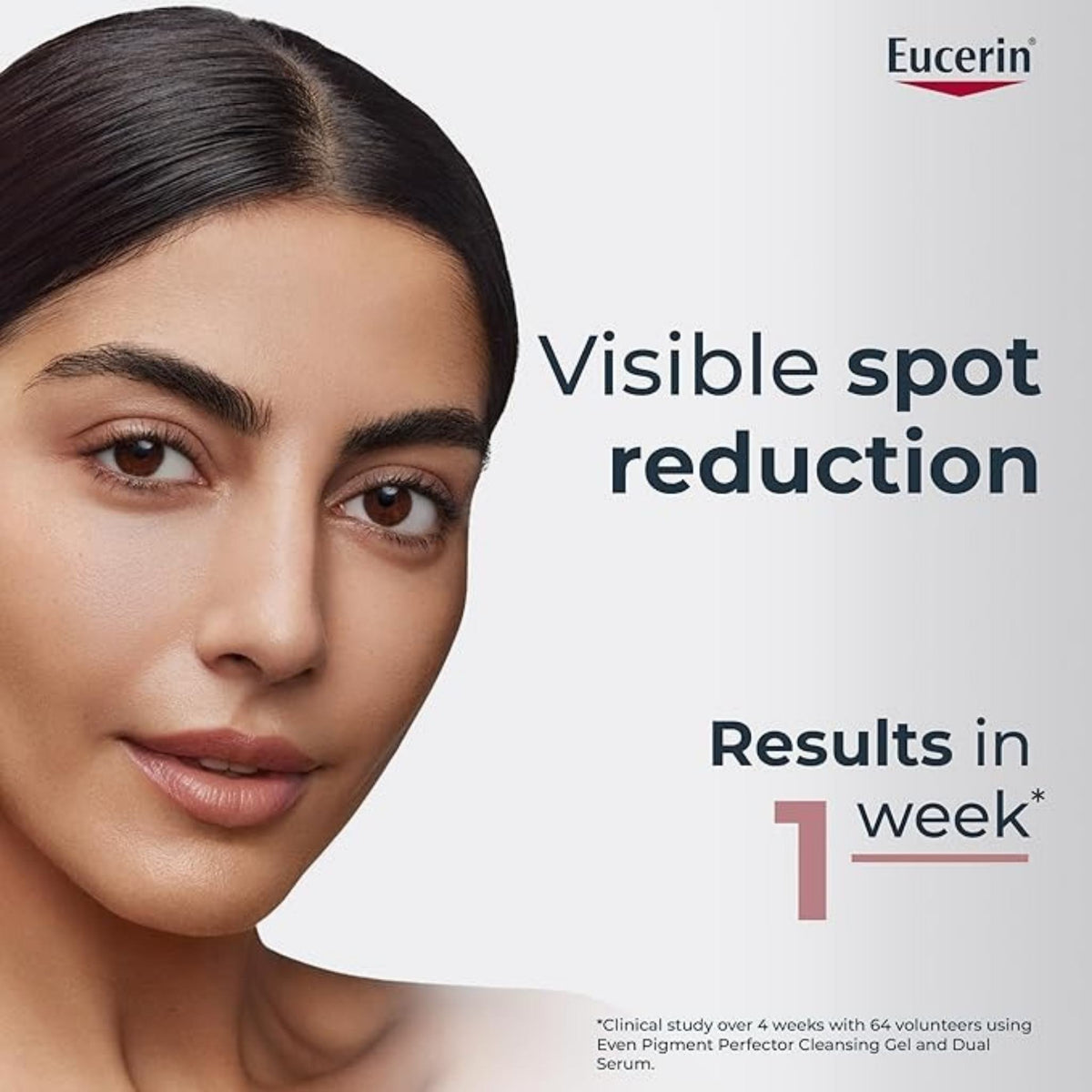 Refect Beauty Eucerin Even Pigment Perfector advertisement featuring a woman with radiant skin and spot reduction text
