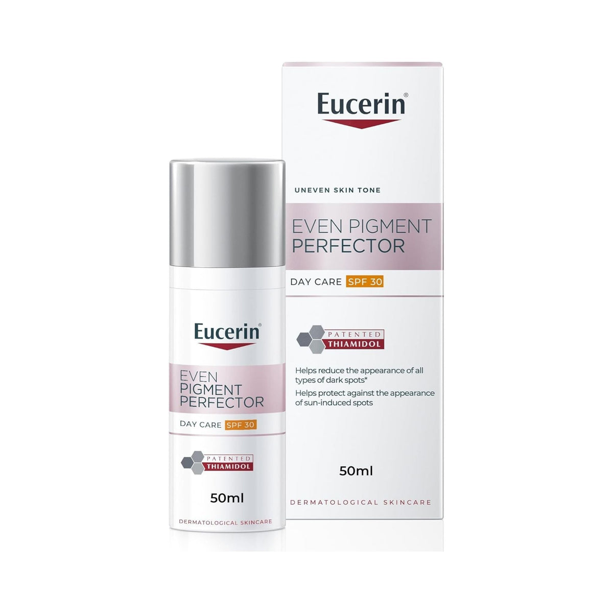 Refect Beauty Eucerin Even Pigment Perfector Day Care SPF 30 cream bottle and box for reducing dark spots