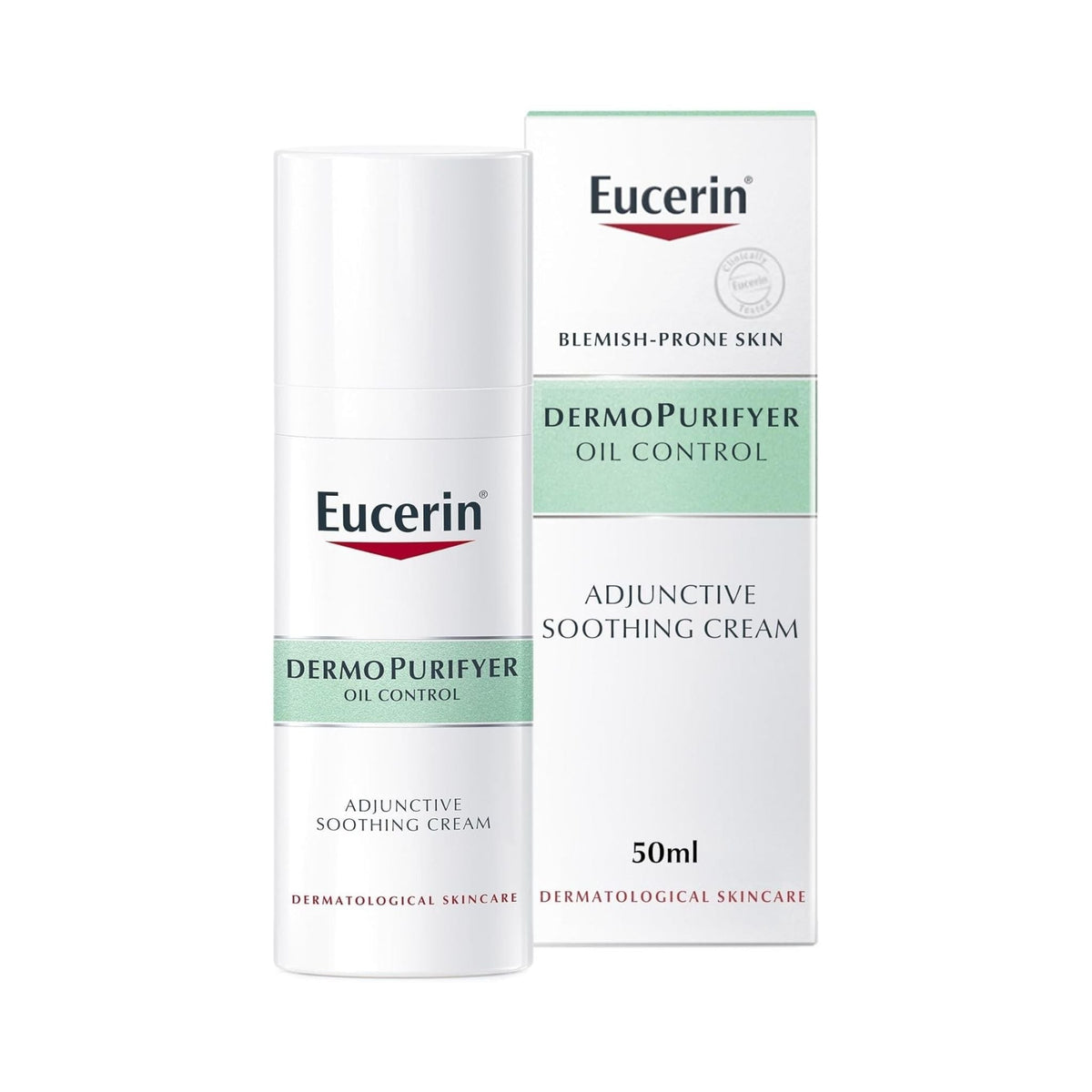 Refect Beauty Eucerin DermoPurifyer Oil Control soothing cream bottle and box for acne-prone skin with SPF 30