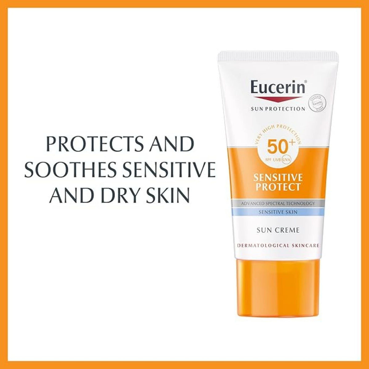 Refect Beauty Eucerin Sun Face Sensitive Protect Cream SPF 50+ for dry and sensitive skin in a white and orange tube.