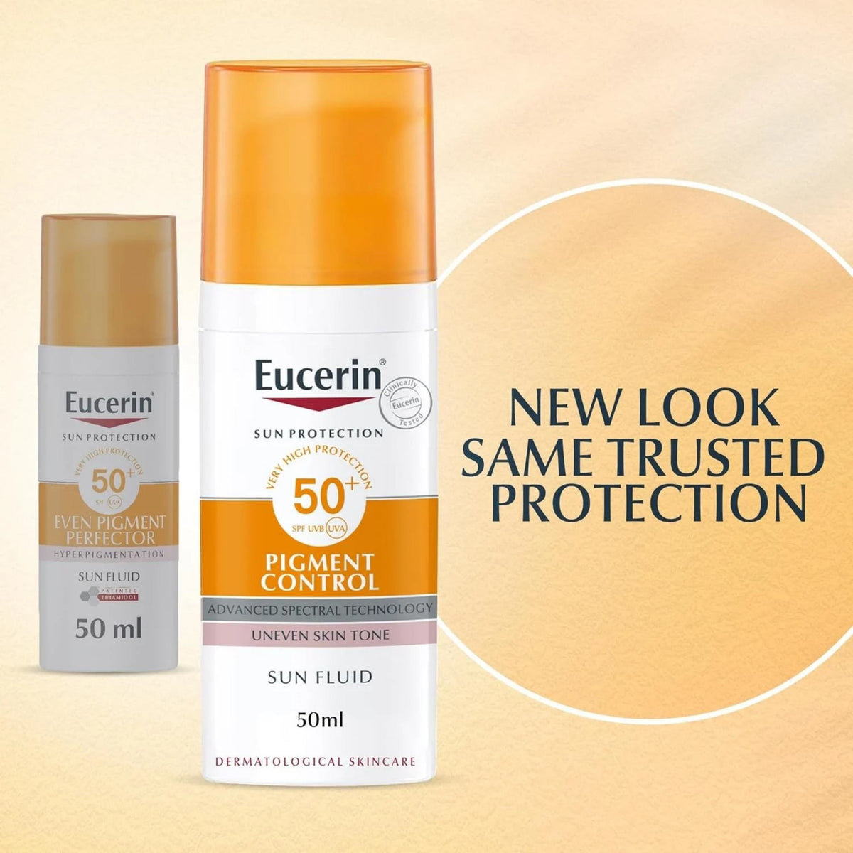 Refect Beauty Eucerin Sun Face Pigment Control Fluid SPF 50+ sunscreen bottle with orange cap and white packaging.