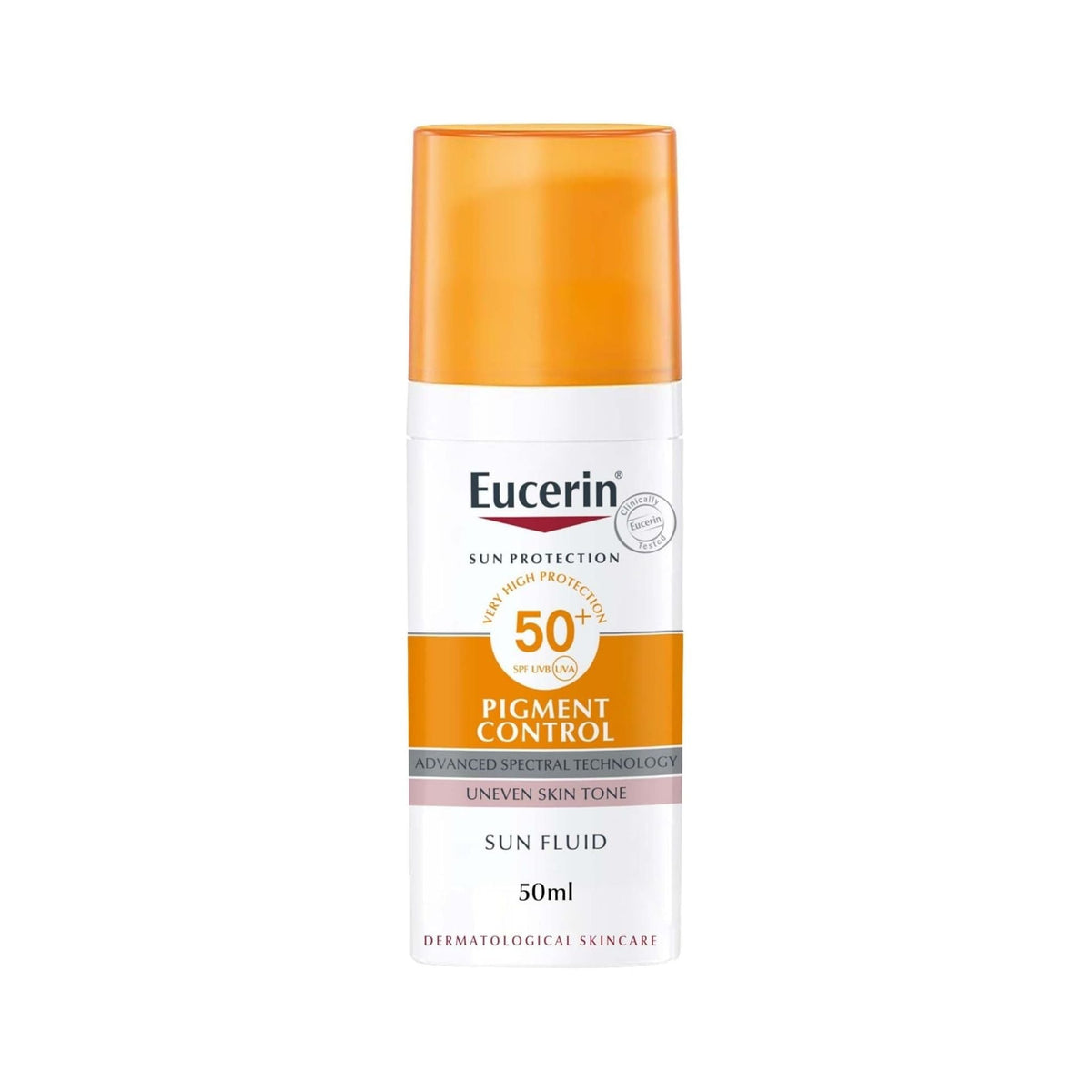Refect Beauty Eucerin Sun Face Pigment Control Fluid SPF 50+ in a 50ml white bottle with an orange cap.
