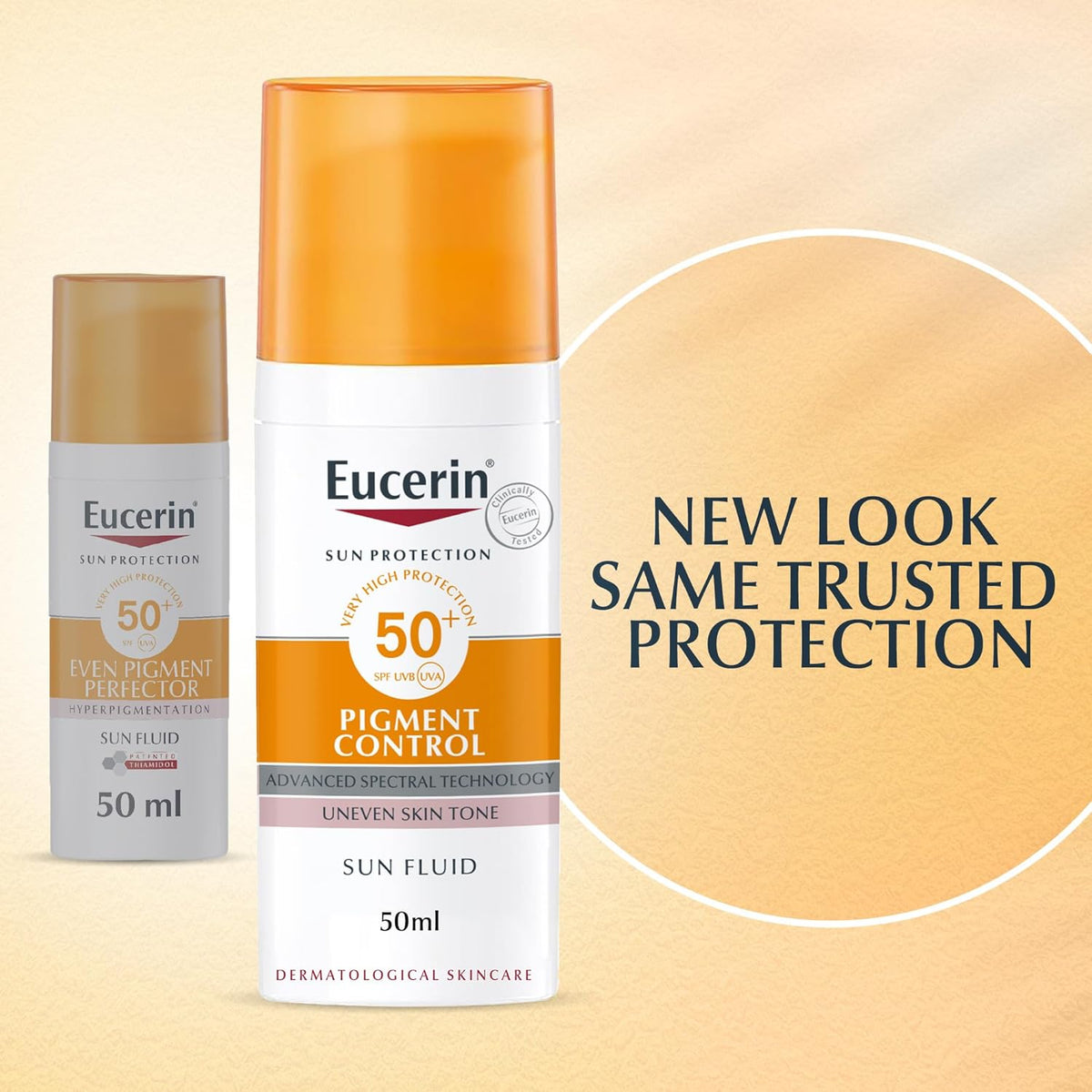 Refect Beauty Eucerin Sun Face Pigment Control Fluid SPF 50+ bottles showing new and old packaging designs.