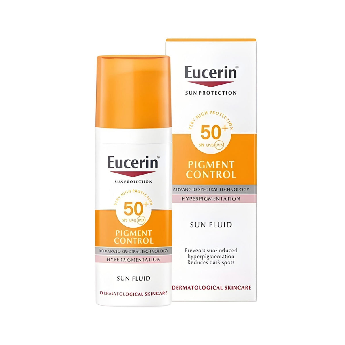 Refect Beauty Eucerin Sun Pigment Control SPF 50+ sun fluid bottle and box for hyperpigmentation protection