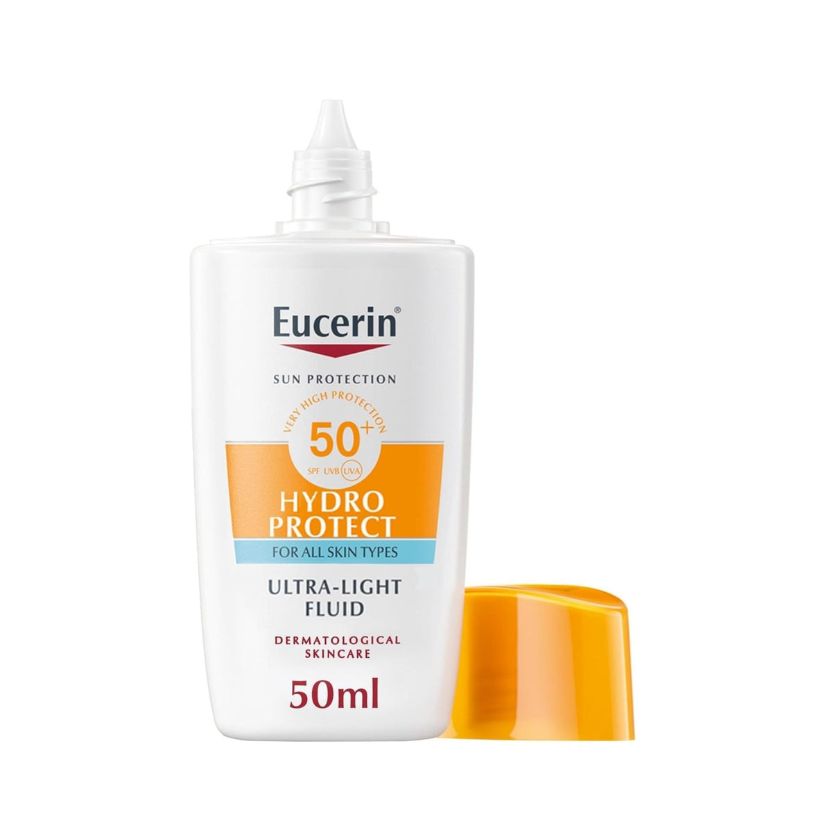 Refect Beauty Eucerin Sunscreen Hydro Protect Ultra-Light Fluid SPF 50+ in a white 50ml bottle with orange cap