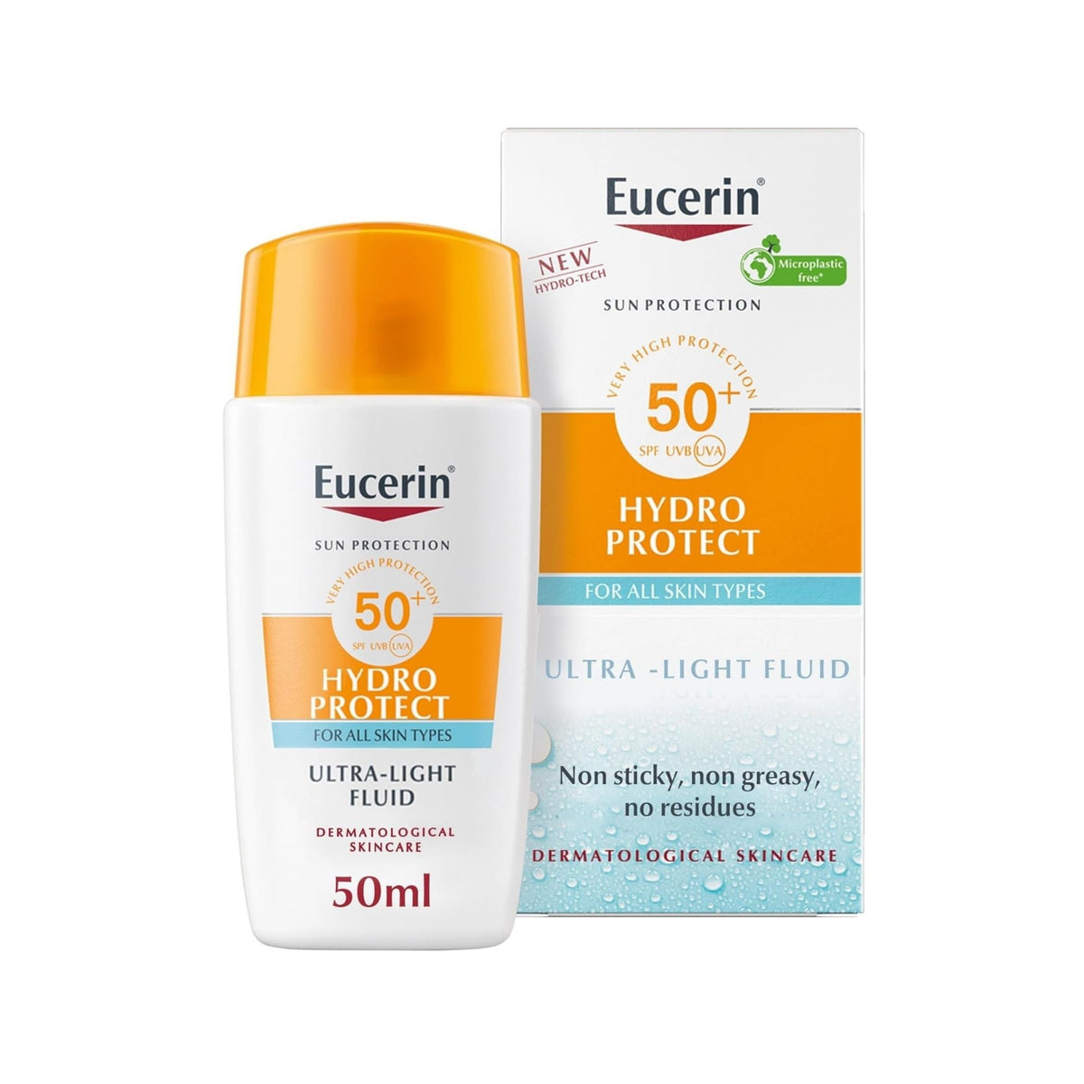 Refect Beauty Eucerin Hydro Protect SPF 50+ ultra-light face sunscreen fluid in a 50ml bottle with its outer box.