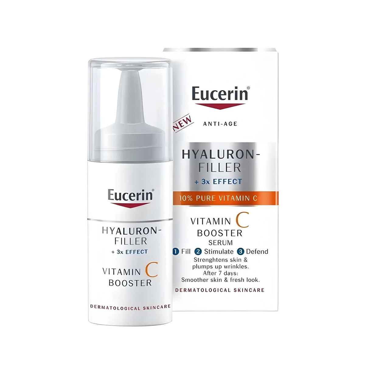 Refect Beauty Eucerin Hyaluron Filler Vitamin C Booster serum bottle and packaging box for anti-aging skincare