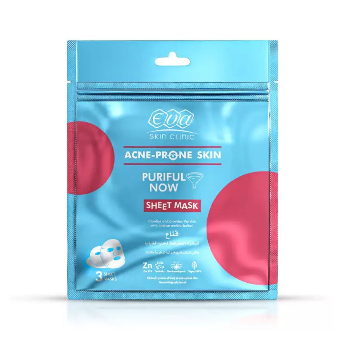 Refect Beauty Eva Acne Prone Skin Purify Now sheet mask in a blue foil pouch with pink circular accents.