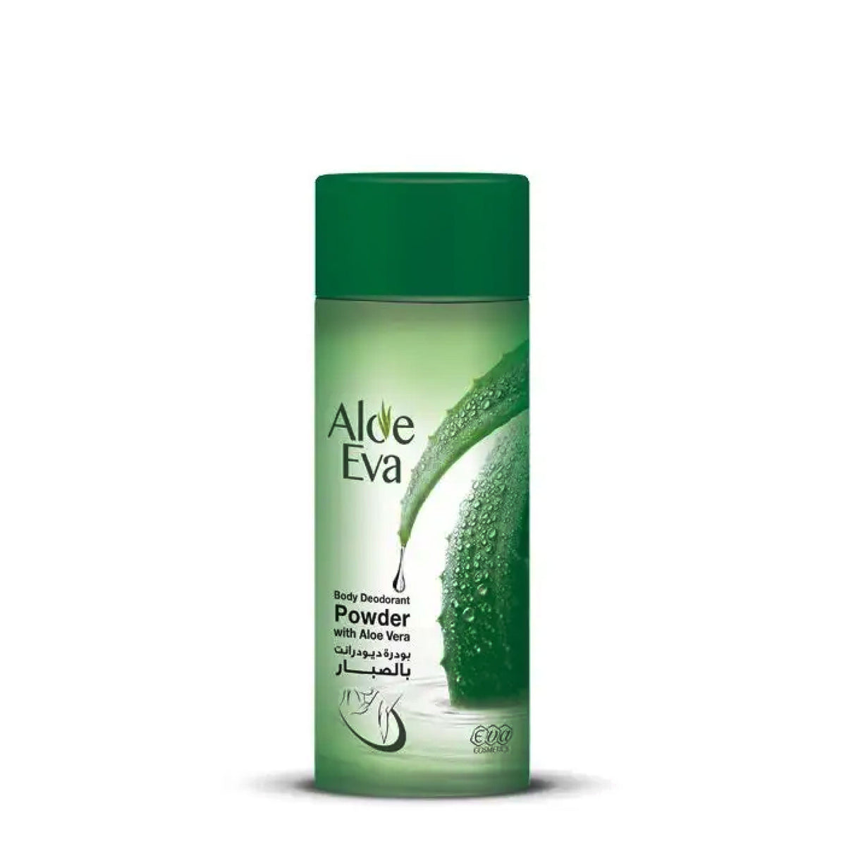 Refect Beauty Eva Aloe Eva body deodorant powder in a green bottle with aloe vera extract for moisture absorption.