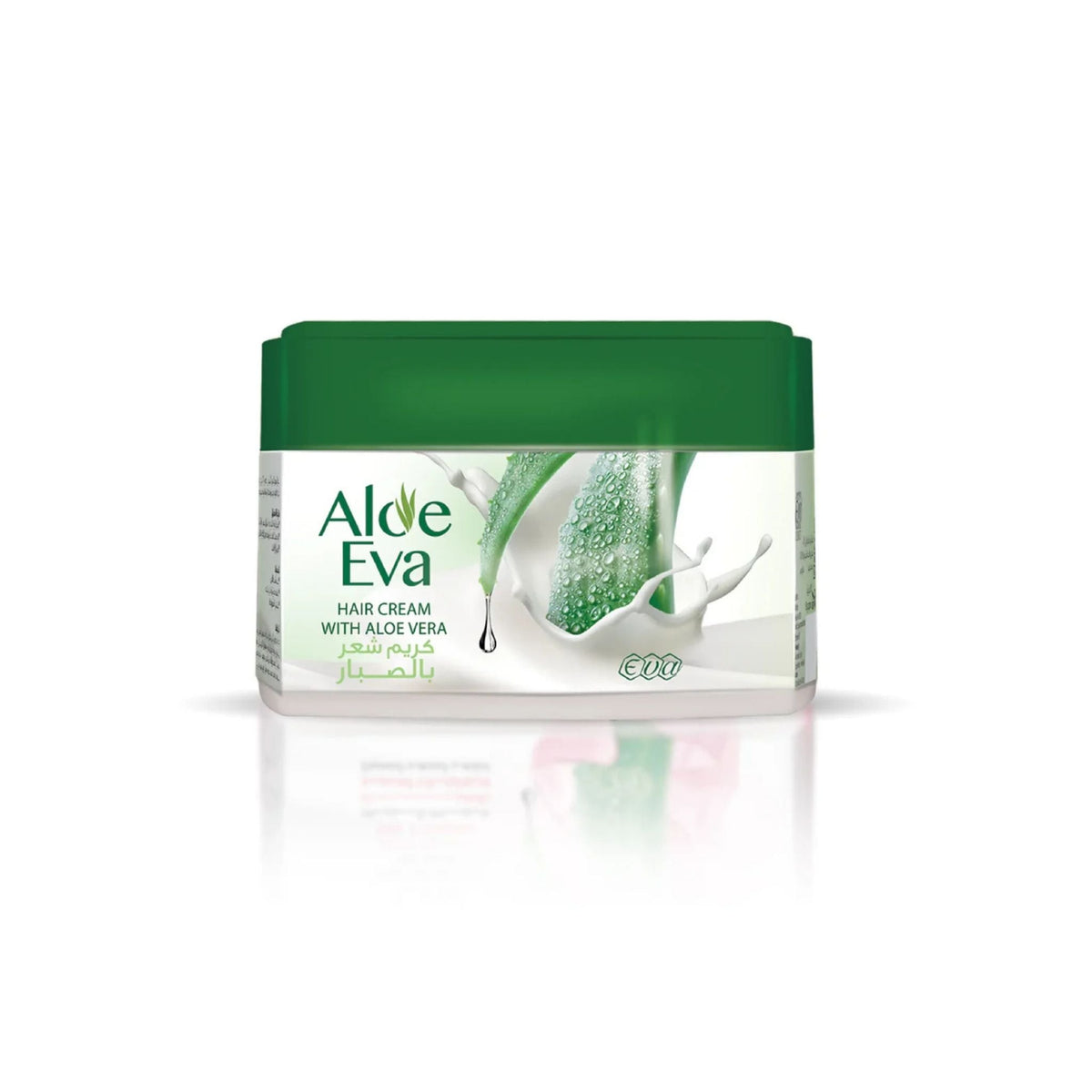 Refect Beauty Eva Aloe Vera hair cream in a white jar with a green lid, featuring aloe vera and milk splash graphics.