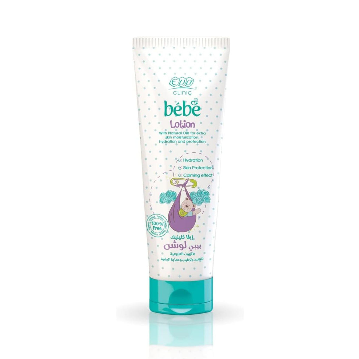 Refect Beauty Eva Clinic Bebe Lotion in a white 200ml squeeze tube with blue polka dots and baby illustration
