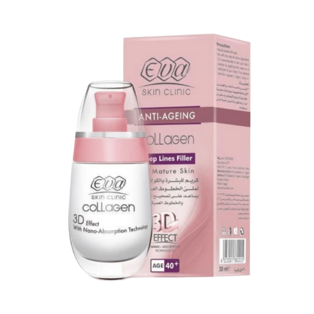 Refect Beauty Eva Skin Clinic Collagen Deep Lines Filler for mature skin in a pink and white pump bottle and box.