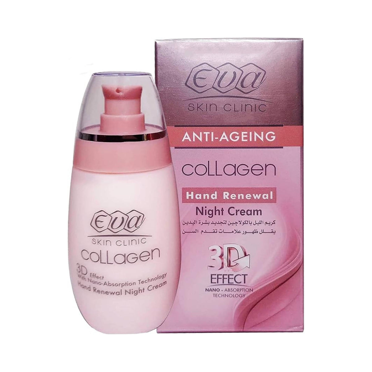 Refect Beauty Eva Skin Clinic Collagen Hand Renewal Night Cream in a pink pump bottle with matching product box.