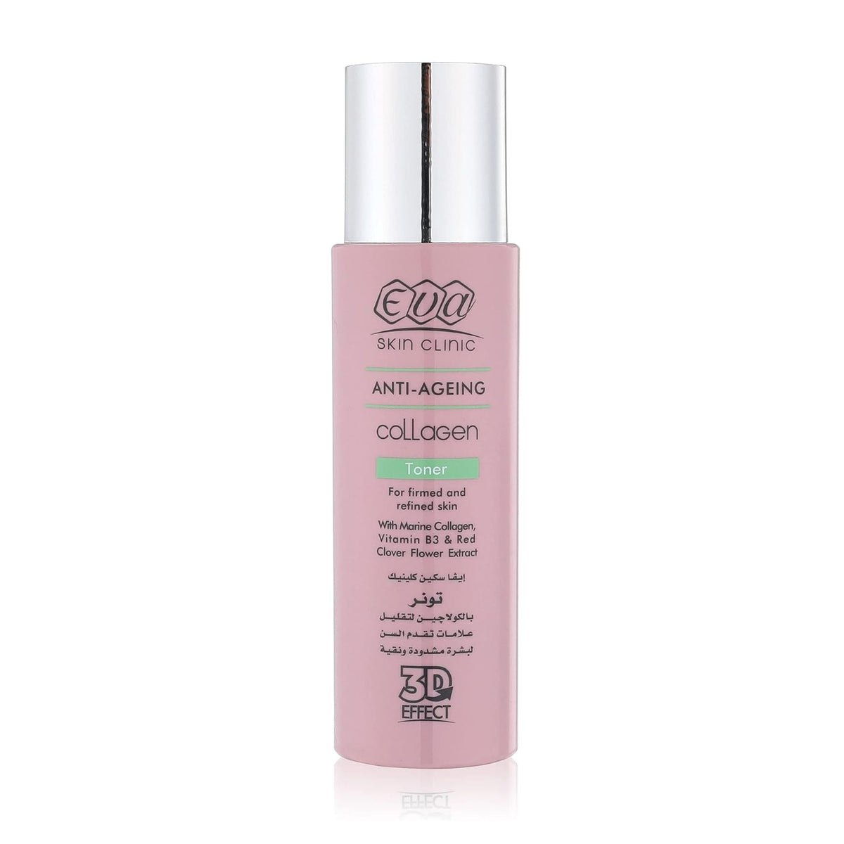 Refect Beauty Eva Skin Clinic Collagen anti-ageing facial toner in a pink bottle with a silver cap.